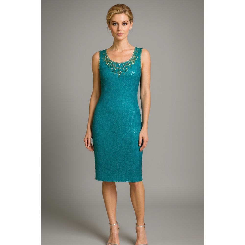 Jewel Queen SZ Large Silk Blue Sequin Dress 20s Gatsby Evening‎ Style New Year